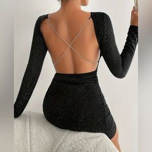 NWT UNBRANDED black sparkle mini dress with chain back accents, Sz. Lg.